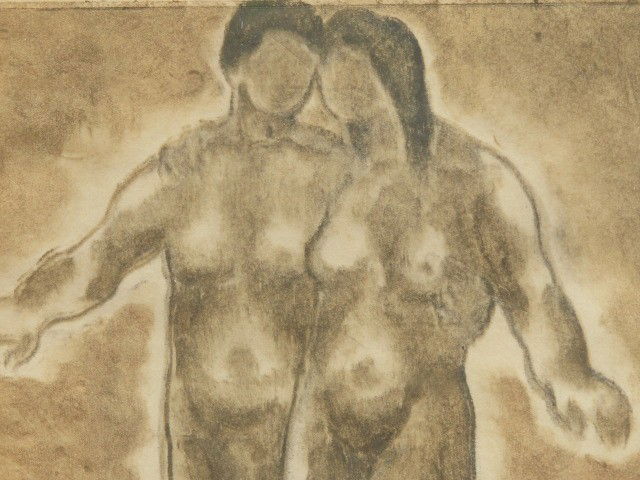 ABRAHAM WALKOWITZ (1878-1965) MONOTYPE 1909: Abraham Walkowitz (1878-1965), monotype. Signed 'A. Walkowitz 1909' to lower right corner, titled 'Lovers'. Matted, 9.5 x 12.75 inch image field, 21 x 16.5 inch frame. Exhibited: Wichita Art Museum, M