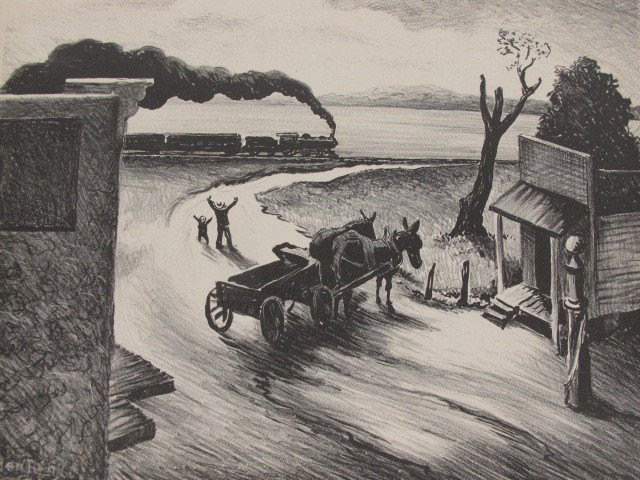 THOMAS HART BENTON PENCIL SIGNED LITHO: Thomas Hart Benton (1889-1975). Titled 'Edge of Town,' edition of 250, Fath #22, circulated by Associated American Artists, NYC, pencil signed 'Benton' lower right corner. Matted, 9 x 10.75 inch image