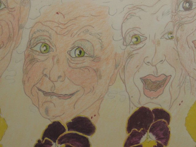 ELIZABETH 'GRANDMA' LAYTON (1909-1993) MIXED MEDI: An original colored pencil sketch inscribed to Gene Degruson on the lower right. Depicts nine portraits among pansies. Measures 6.25 x 22 inches in a 8.25 x 23.75 inch frame.
