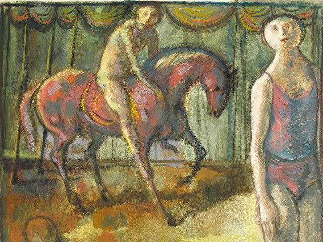 LESTER RAYMER (1907-1991) WATERCOLOR ON PAPER: Watercolor and gouache on paper, stylized image of two circus figures. Signed lower left corner, 'Raymer 71.' Former owner pencil marked reverse 'Gift of Lester Raymer, 1971.' Image field measures 12-
