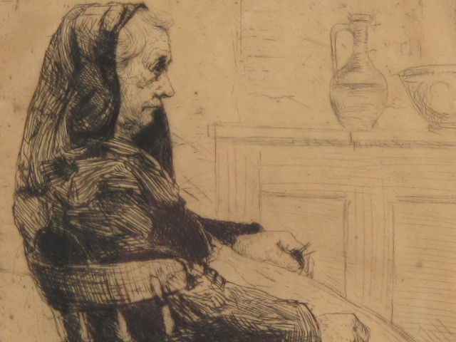 ABRAHAM WALKOWITZ PENCIL SIGNED ETCHING: Abraham Walkowitz (1878-1965), pencil signed 'A. Walkowitz' to lower right corner. Graphite inscription 'To my friend Fred. (?) Michel, 6th proof.' Attributed title 'Mother' on old collection inventor