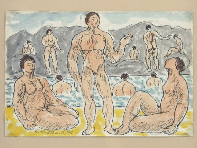 ABRAHAM WALKOWITZ (1878-1965) MIXED MEDIA 1911: Abraham Walkowitz (1878-1965), mixed media on paper; ink and watercolor of a beach scene. Signed 'A. Walkowitz 1911' to lower left corner. 'Bathers I' hand written on the back of the frame. 6 x 9 inch