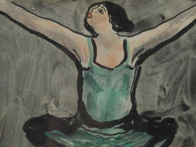 ABRAHAM WALKOWITZ (1878-1965) MIXED MEDIA: Abraham Walkowitz (1878-1965), mixed media on paper; ink, graphite and watercolor of a dancer. Signed 'A. Walkowitz 1911' to lower center. Attributed title 'Ballet Improvization' hand written on the b