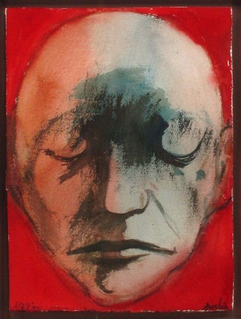 LEONARD BASKIN (1922-2000) WATERCOLOR 'BLAKE': Leonard Baskin (1922 - 2000), watercolor, signed 'Baskin' in lower right corner, date '1993' in lower left. Title of 'Blake' (others William Blake Death Mask) hand written on frame reverse along with