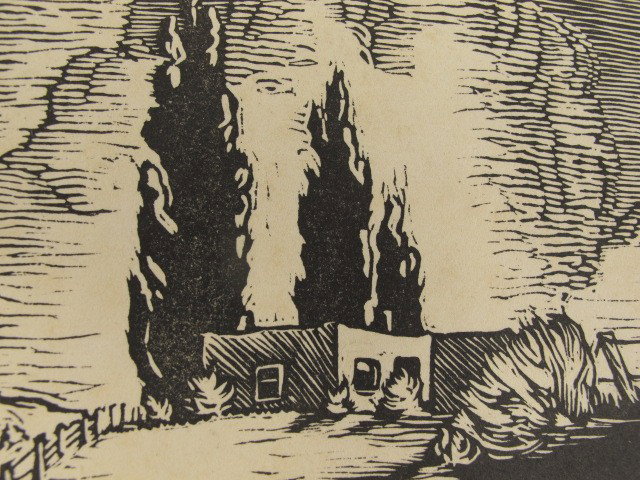 LEO COURTNEY PENCIL SIGNED WOODBLOCK PRINT: Pencil titled lower left, "Poplars," signed lower right "Leo Courtney." 7 x 6-5/8 inch image field, 11 x 9 inch sheet size. Straight edge top, others deckled. Matted with corner pockets.
