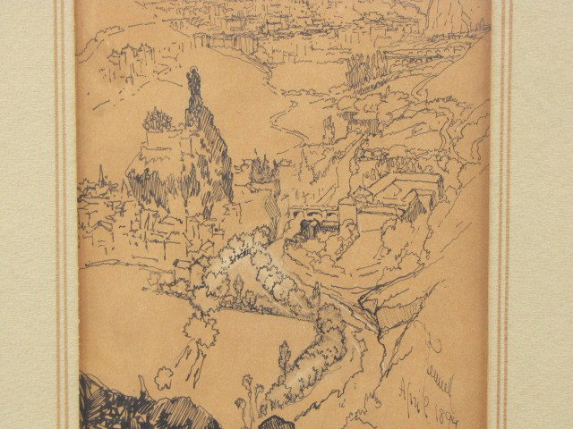 JOSEPH PENNELL (1857-1926) PEN AND INK ON PAPER: Joseph Pennell (1857-1926), pen and ink of mountain valley and village. Signed 'Pennell, April 1894' to lower right corner. Matted, 7-1/8 x 5 inch sight size, in 15-1/2 x 12-1/2 inch frame.