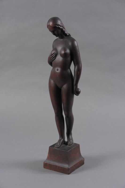 HANS HUGGLER-WYSS (1877-1947) WOOD SCULPTURE: A Hans Huggler-Wyss (Swiss, 1877-1947) wood Art Deco sculpture of standing nude female, signed on the base 'H. Huggler-Wyss,' and back of base with monogram 'HHW'. Measures 24.5 x 5 x 5 inches.
