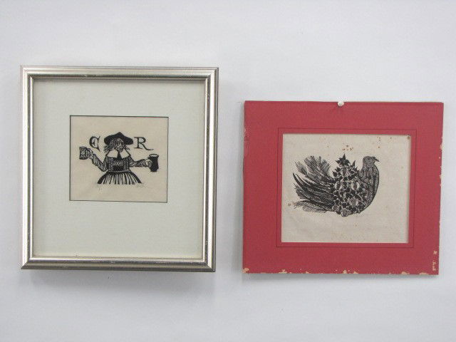 TWO LEONARD BASKIN PENCIL SIGNED LITHOS: Bird with flowers, pencil signed lower right, 5 x 7 inch image field, 13 x 14-3/4 inch sheet size. 'ER' pencil signed lower right, additional notation lower left; 4-1/4 x 6-1/4 inch image field, in 16