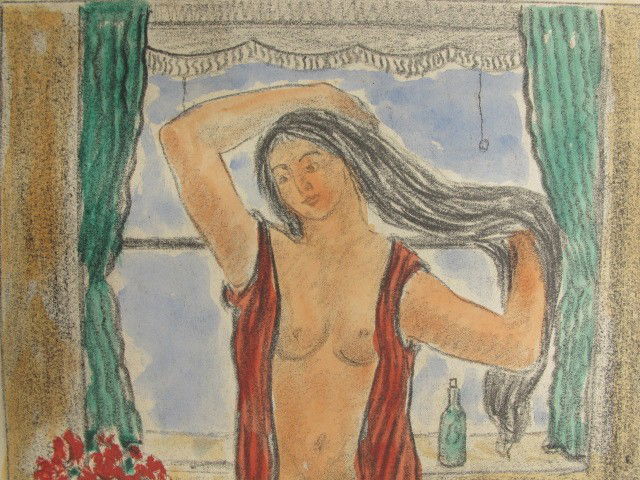 ABRAHAM WALKOWITZ (1878-1965) LITHOGRAPH: Abraham Walkowitz (1878-1965), lithograph with addition, an image of standing semi-nude female figure, attributed title 'The Bath.' Blue pen signed 'A. Walkowitz, 1927' to lower right corner. 15.75 x
