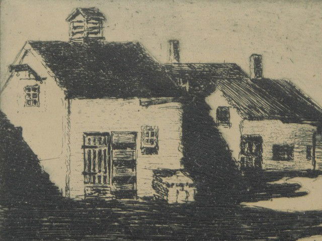 ABRAHAM WALKOWITZ PENCIL SIGNED ETCHING: Abraham Walkowitz (1878-1965), pencil signed lower right 'A. Walkowitz,' East Side Market handwritten on frame reverse. 3-1/4 x 6 inch image field, 12-1/4 x 14 inch frame.