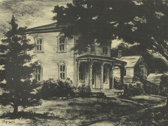 SIGNE E. LARSON TWO PENCIL SIGNED LITHOS: Two pencil signed lithos by Signe E. Larson (1908-1993); 'Farmyard' and 'An Historical House,' both titled in lower left corners, signed lower right. 'Farmyard' dry mounted on cardstock backing. Both