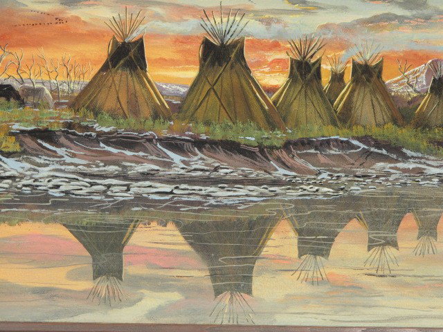 FRED BEAVER (1911-1980) OIL ON CANVAS, 1980: Fred Beaver (1911-1980), oil on canvas winter scene of riverside teepees, signed lower right, with monogram and date 1980. 10 x 20 inch canvas size, 17.5 x 27.5 inch frame. With Beaver's business card