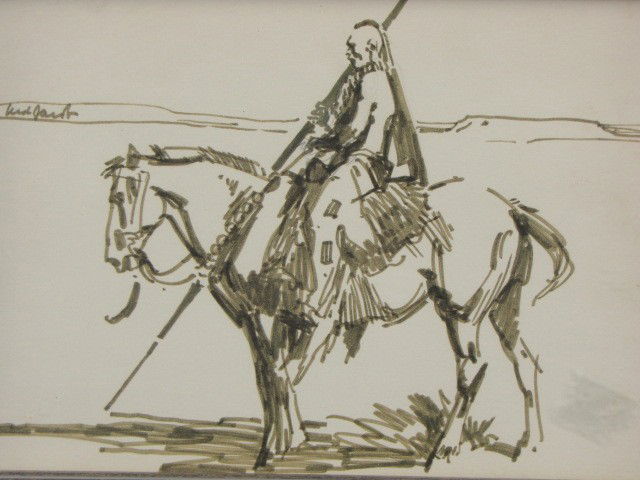 NED JACOB (1938-) PEN AND INK 'PAWNEE LANCE': Signed upper left corner, measures 6 x 9 inches, with 'reproduction rights reserved by the artist' title tag affixed to frame reverse.