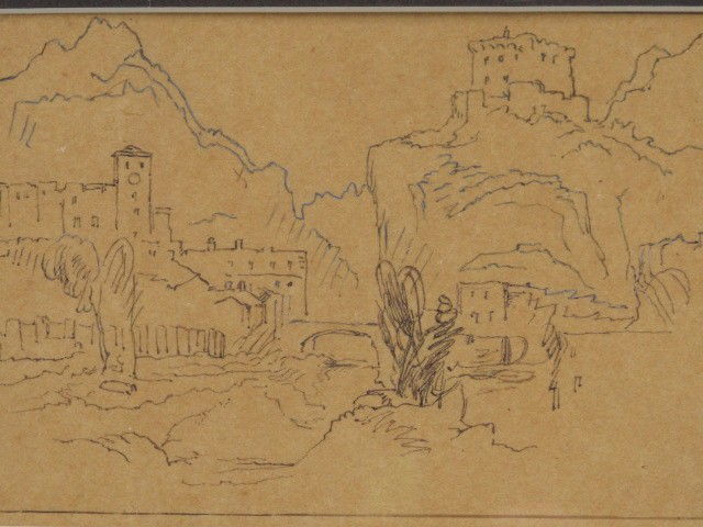 ATTR JOHN RUSKIN (1819-1900) INK ON PAPER: Attributed John Ruskin (1819-1900), ink on paper of mountain village. Similar to other images of Swiss mountain villages by Ruskin. Signed 'J.R.' in lower left corner. Matted, 3.75 x 5.75 inches, 8.5