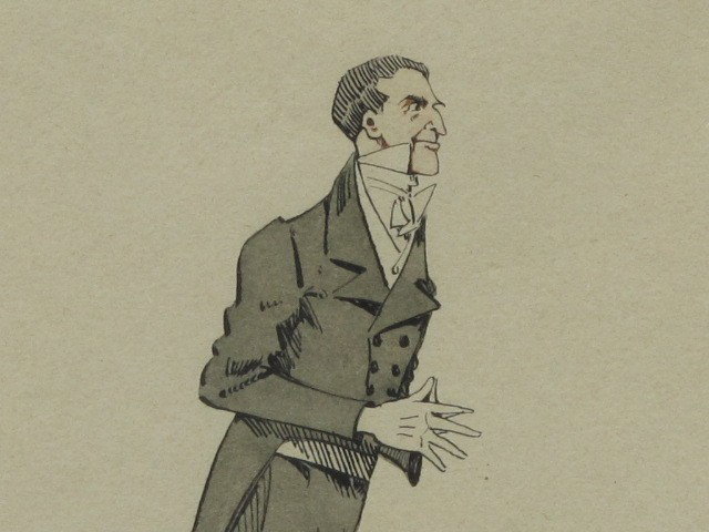 JOSEPH C. CLARK WATERCOLOR MR FEEDER: Watercolor on paper by Joseph Clayton Clarke (c.1856-1937), titled 'Mr Feeder. B.A.' to upper left corner, 'Dombey and Son' (from Dickens) lower right, signed 'Kyd.' Matted and framed, 6 x 4.25 inch i