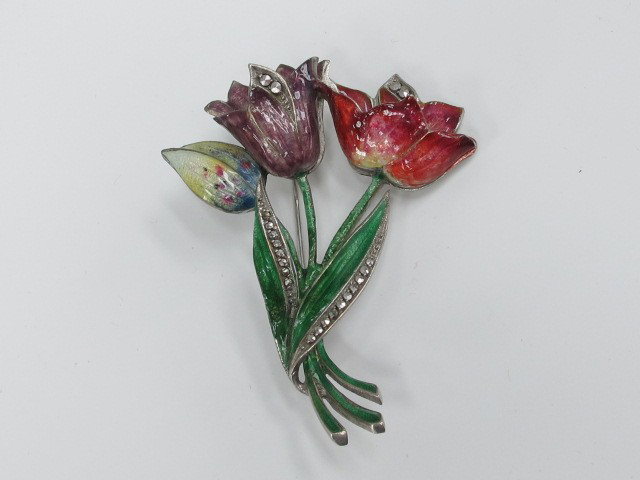 A SILVER AND MARCASITE ENAMEL PIN: Marked .835 silver, fine enamels and marcasites, measures 2.25" x 1.5".