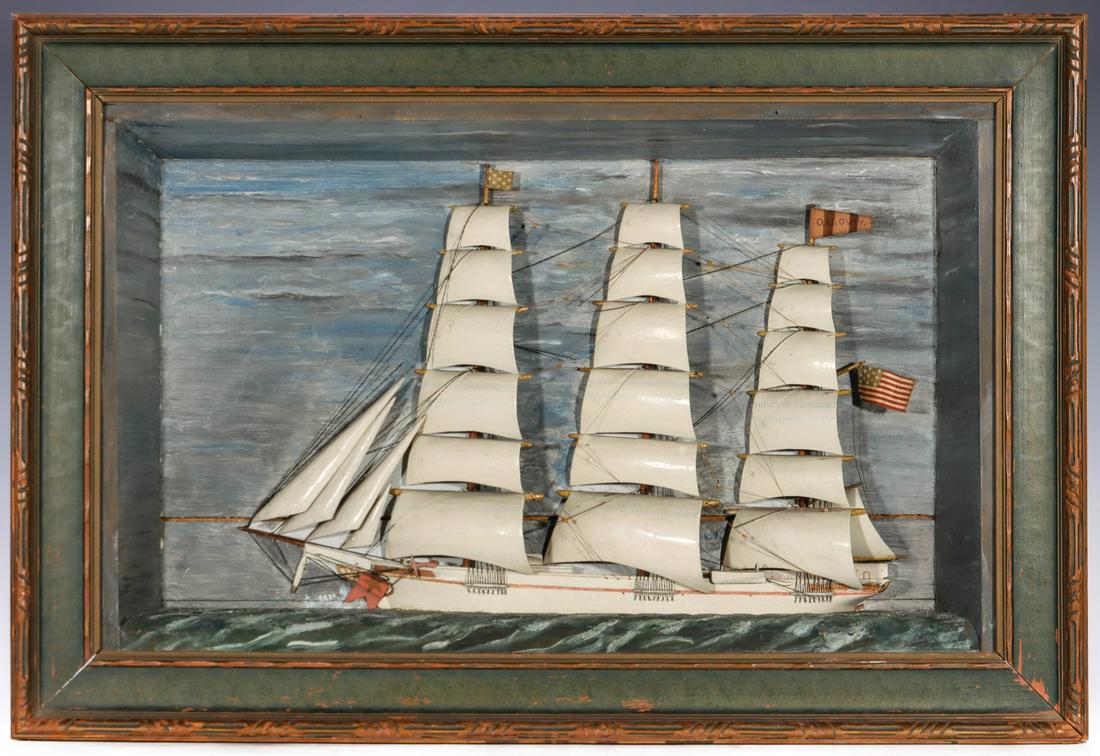AN EARLY 20TH CENTURY FOLK ART SHIP DIORAMA: The depiction of the O. A. LOWRY as named on a pennant atop the rear mast. ensign of the United States, a thirteen star flag on the front mast, white wood sails and hull with light red trim, painted w