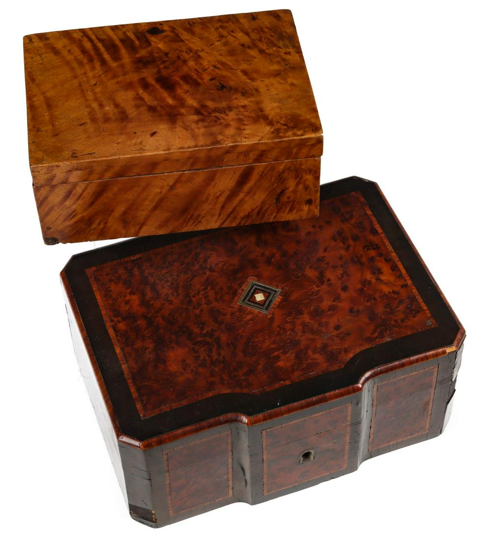 A FINE 19C SOLID CURLY MAPLE BOX. PLUS ANOTHER.: Two good 19th century examples: 1. A highly figured solid curly maple box with lapped corner construction, hand made sheet iron hinges, very old deteriorated paper with insect damage covering the inte