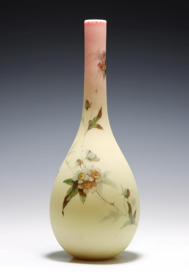 A DECORATED BURMESE WARE VASE SIGNED THOMAS WEBB: Late 19th Century The globular pear form vase with tall slender neck shading from pink to a creamy yellow is decorated in exterior polychrome enamels of wild roses with stamen in high relief enamels,