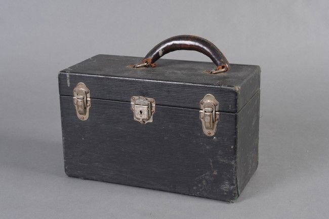 A J. ZENTMAYER ANTIQUE MICROSCOPE AND CASE: Patent dated 1876, by J. Zentmayer, Philadelphia. All brass, two rotating lenses, brass stage with double clips, sub stage and mirror. Stands 11.5 inches. Includes case with five extra eyepieces. Work