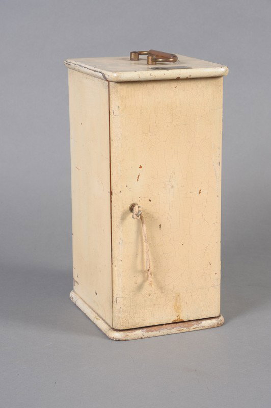 A BAUSCH & LOMB MICROSCOPE AND CASE: Engraved Bausch & Lomb Optical Co mark on fork foot, two lenses. Microscope stands approximately 12.5 inches. Unsure of working condition. Includes white-faded to cream - painted case, 'Street, Linder