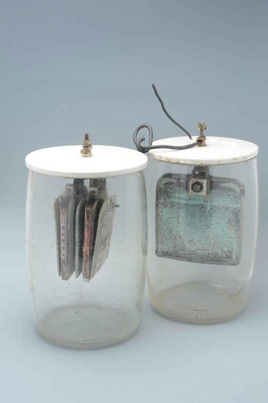 TWO EDISON WET CELL BATTERY GLASS JARS AND LIDS