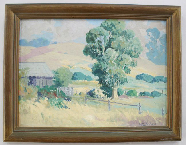 OIL ON BOARD CALIFORNIA ARTIST CARL SAMMONS (1883 - 196: Early California Impressionist Carl Sammons (1883 - 1968), Farm scene with tree and hills in background, signed lower right, simple molded washed wood frame, board: 11 inches high x 15 inches wide; fr