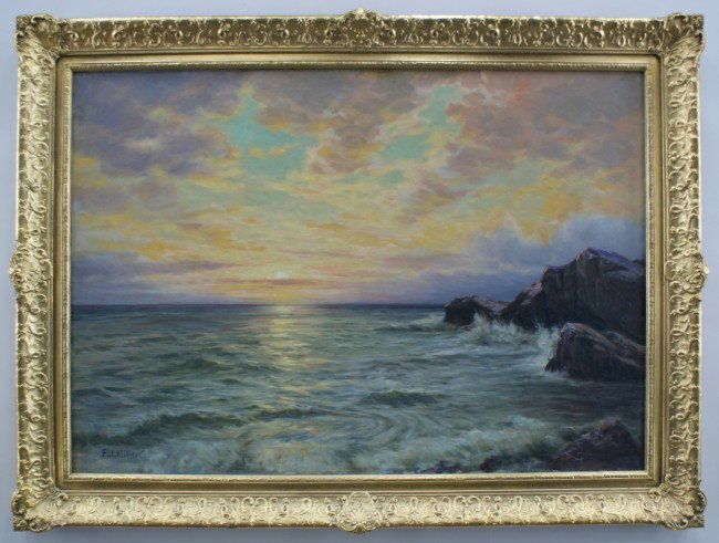 OIL ON CANVAS BY FJ MILLER: Seascape at sunset, water crashing on rocks, signed lower left, Louis XV-style gilded frame, canvas: 28-1/2 inches high x 40 inches wide; frame: 35 inches high x 46 inches wide