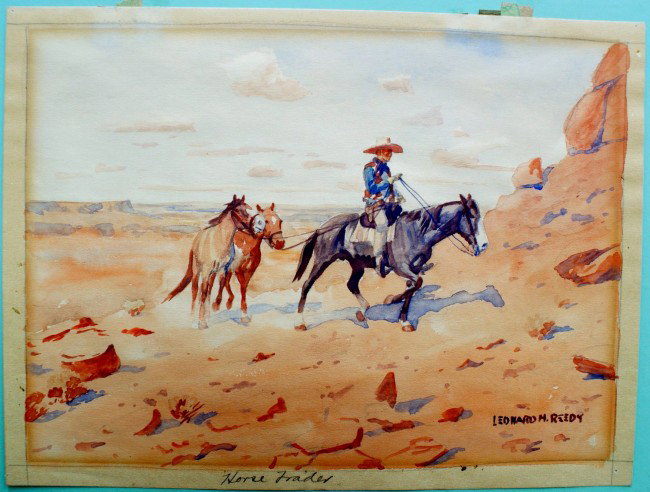 WATERCOLOR BY LEONARD HOWARD REEDY (1899 - 1956): Horse Trader', signed lower right, cowboy leading two horses, molded gold painted wood frame, 14-1/2 inches high x 17 inches wide; image size: 8-1/4 inches high x 11-1/8 inches wide. 12450