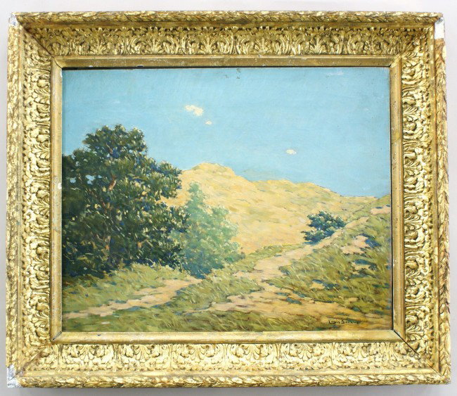 OIL ON CANVAS BY LOUIS SOONIUS (1883 - 1956): Dutch, signed lower right, landscape scene of hills, green tree in left middle ground, blue sky above. Gilt wood frame adorned with acanthus leaves, frame: 26-1/2 x 31-1/4 inches wide; canvas: 19-1/2 