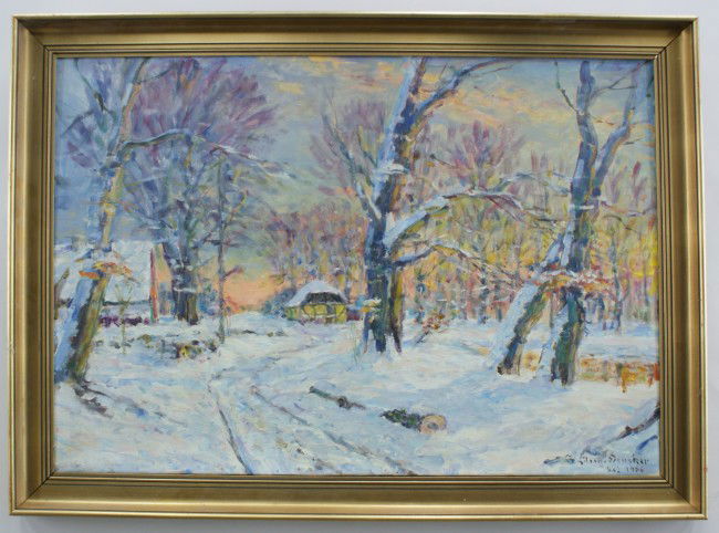 OIL ON CANVAS BY CRAIG DENEKER: Signed and dated lower right, snowy woodland scene with house, straight molded gold painted frame, frame: 31-1/2 inches high x 42-1/2 inches wide; canvas: 26-3/4 inches high x 38 inches wide