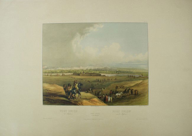 OFFSET COLOR LITHOGRAPH AFTER KARL BODMER: Fort Union on the Missouri', from Travels in the interior of North America, 1843-1844, after Charles Bodmer, tab 28, printed by Edward Eberstadt & Sons, published by Ackermann & Co. tag included, unfr