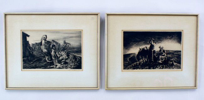 TWO ETCHINGS BY JOHN COSTIGAN (1888 - 1972): Two etchings by Prairie Printmaker John Costigan: 'Fall Plowing', 1932, signed 'J.E. Costigan N.A.' in pencil in the lower right with the title in the lower left, image size 8.25 x 12.75 inches in a 1