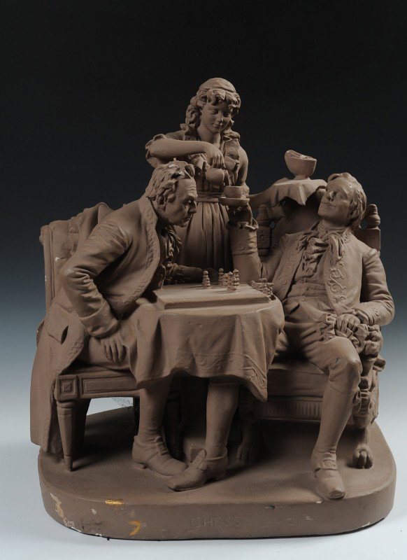 A JOHN ROGERS GROUP PLASTER TITLED CHESS: Massive plaster group titled 'Chess,' signed John Rogers New York to base. Measures 21.5 x 18 x 17 inches.