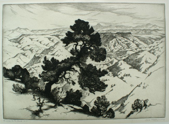 GENE KLOSS (1903-1996) PENCIL SIGNED ETCHING: Titled 'Far Across the Rio Grande' in pencil lower left, edition of 50, pencil signed lower right. Image field measures 9.75 x 14 inches, 11.5 x 17 inch sheet size.
