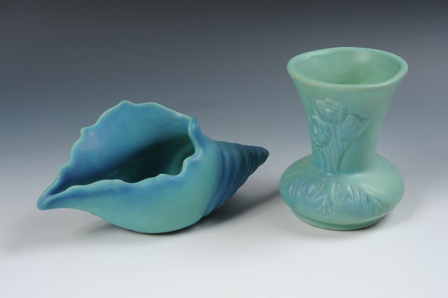 TWO VAN BRIGGLE VASES: One figural seashell Van Briggle vase, matte blue and green glaze. Marked with logo, Van Briggle, Colo Spgs, 4 x 9 inches. Plus one Van Briggle vase, matte green glaze. Marked IV, logo, Van Briggle, C