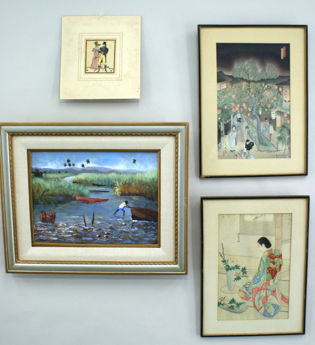 HAITIAN OIL PAINTING AND TWO JAPANESE WOODBLOCK PRINTS: Haitian oil painting and two Japanese woodblock prints. A single estate lot consisting of two matted and framed woodblock prints with 14 x 9.25 inch image fields, circa 1920's. Plus an oil on canvas b