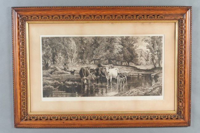 PETER MORAN (1841-1914) LARGE ETCHING: A large etching titled 'Woodland Pool' depicting a sherpardess with cows and a dog at a stream. Text 'Painted and Etched by Peter Moran' appears in the bottom left with the title in script on the bott