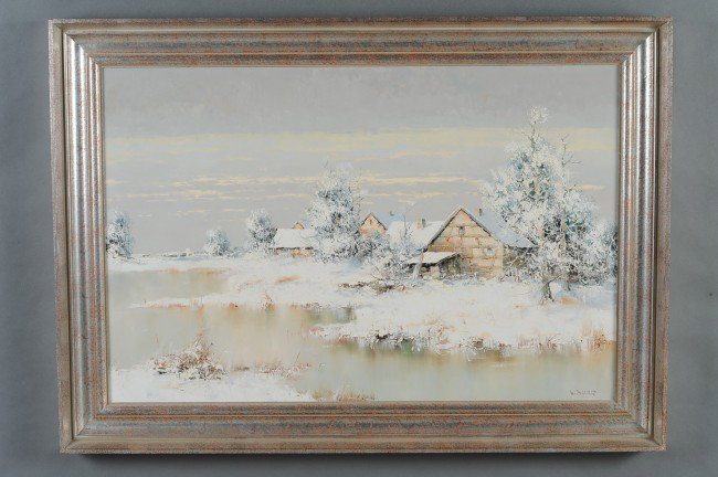 WILLI BAUER (GERMAN 1923- ) OIL ON CANVAS: An original oil depicting lakeside cottages in the snow, signed in the lower right. Measures 24 x 36 in a 30 x 42 inch frame.
