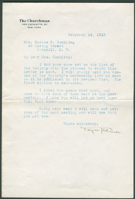 KILMER, JOYCE (1886-1918) SIGNED LETTER: TLS with full signature, plus image of Kilmer from 'Mentor' magazine.