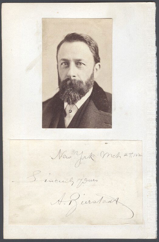 BIERSTADT, ALBERT (1830-1902) PHOTOGRAPH WITH SIGNA: Photograph of Bierstadt at about age 37 by Napoleon Sarony pasted onto an album page together with a dated signature. Bierstadt was a painter of sweeping Western Landscapes who visited Kansas in 1859.