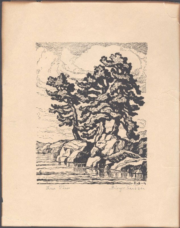 SANDZEN, BIRGER (1871-1954) SIGNED LETTERS AND PRI: Two ALS signed in full to Louise Brooks of Ft. Scott, Kans. Plus a facsimile and later reduction print of 'Three Pines' signed in pencil by Sandzen plus background material.
