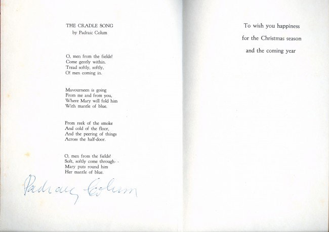 COLUM, PADRAIC (1881-1972) SIGNED ITEMS: Christmas card with poem 'Cradle Song,' signed by Colum, plus ALS with full signature.