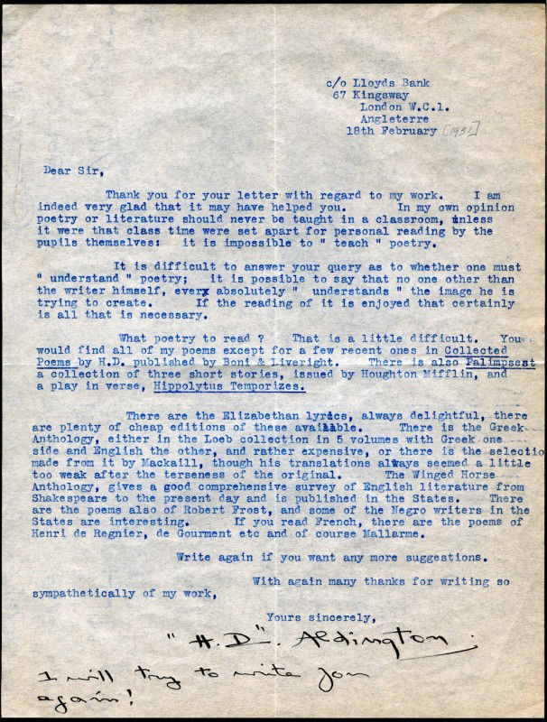 ALDINGTON, HILDA DOOLITTLE (1886-1961) H.D. SIGNED