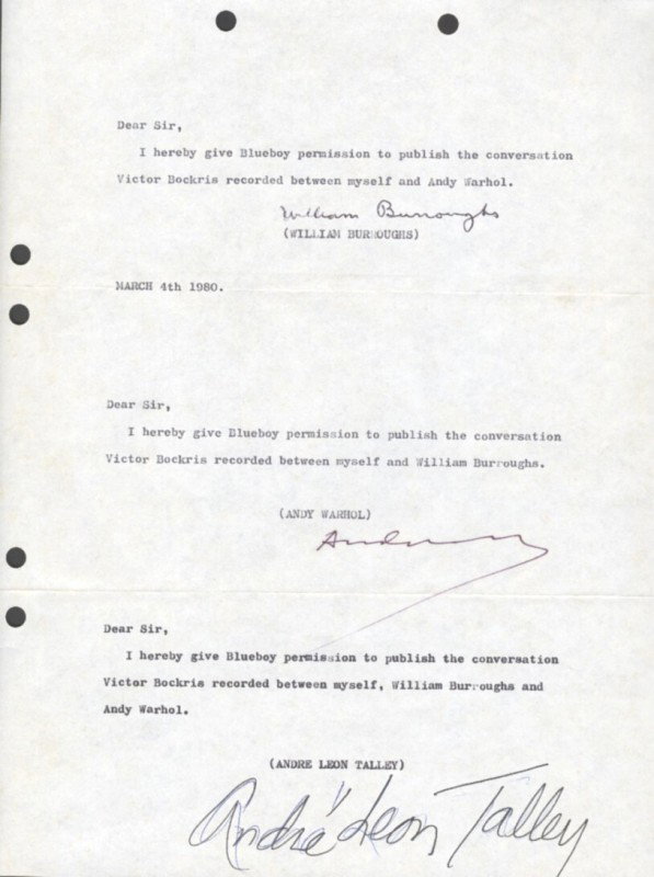 BURROUGHS, WILLIAM (1914-1997) WARHOL, ANDY AND TA: All three signed giving permission to Blueboy to publish a recorded conversation plus issue No. 1 of Underground Telegram with Burroughs's 'Composite Text.'