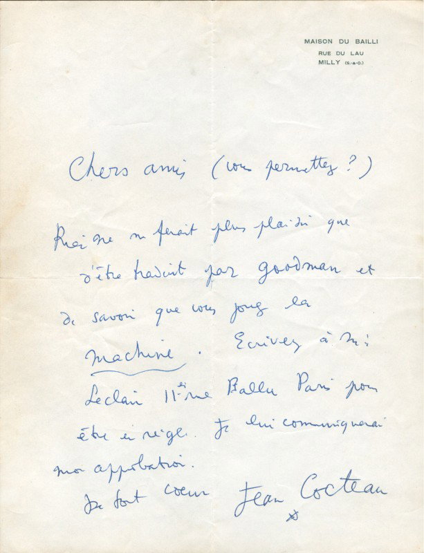 COCTEAU, JEAN SIGNED LETTER, 1948: Handwritten letter in French, blue ink, quarto, signed 'Jean Cocteau' at bottom, on Maison du Bailli. Includes original envelope with 1948 cancellation