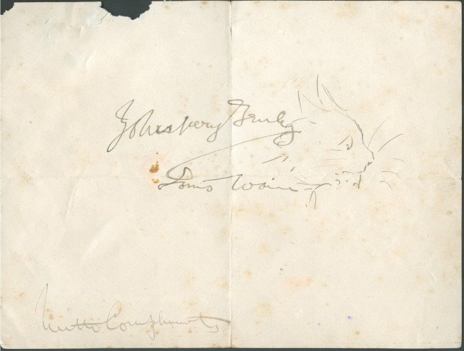 WAIN, LOUIS (1860-1939) ILLUSTRATED AUTOGRAPH: English artist know for drawing anthropomorphised cats. Signed 'Yours very truly, Louis Wain' and with a cat's profile, plus 'with compliments' in bottom left corner. Creased, 6 x 7.5 inches.