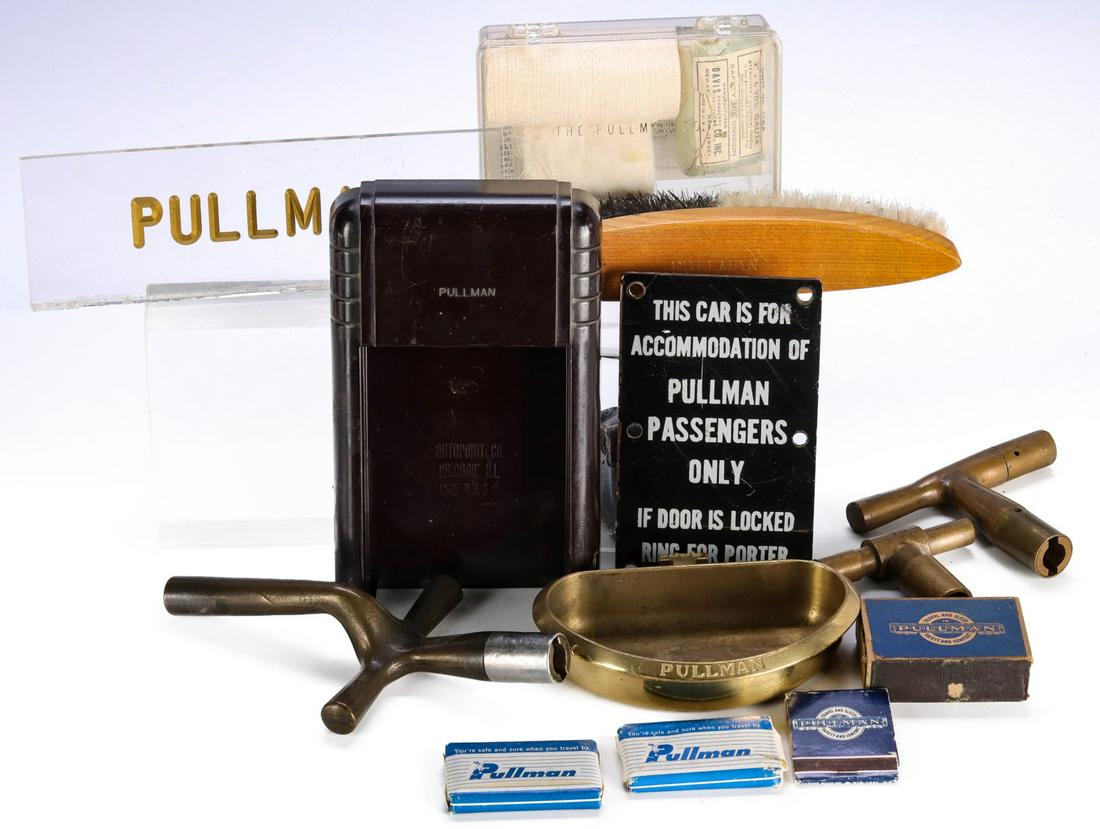 A DISPARATE COLLECTION OF PULLMAN ITEMS: All but the berth keys are marked PULLMAN. Soap dish measures 5 inches. We happily provide seamless in-house packing and shipping services on nearly everything we sell. Until further notice, we cannot