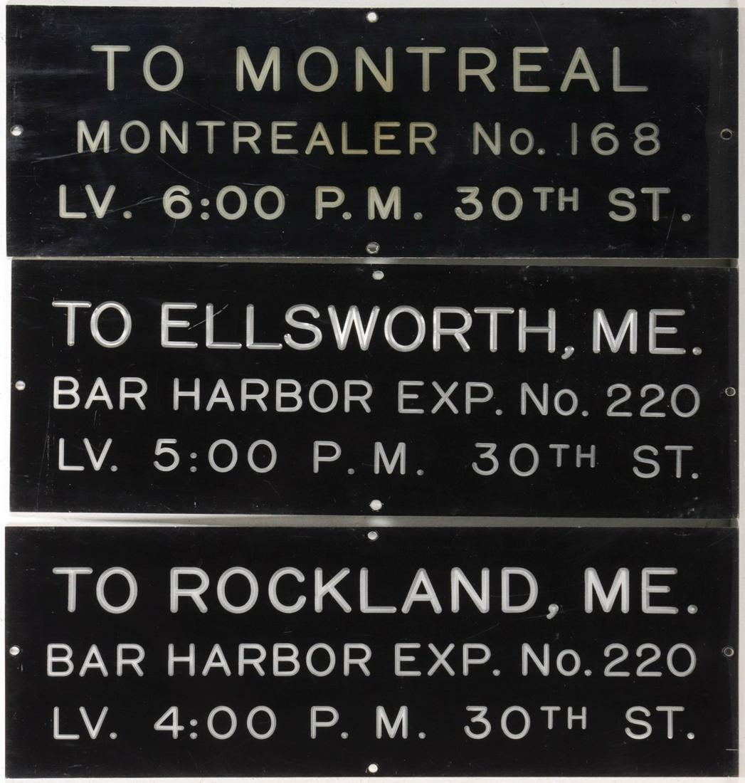 THREE ENGRAVED LETTER ACRYLIC TRAIN STATION SIGNS (1 of 6)