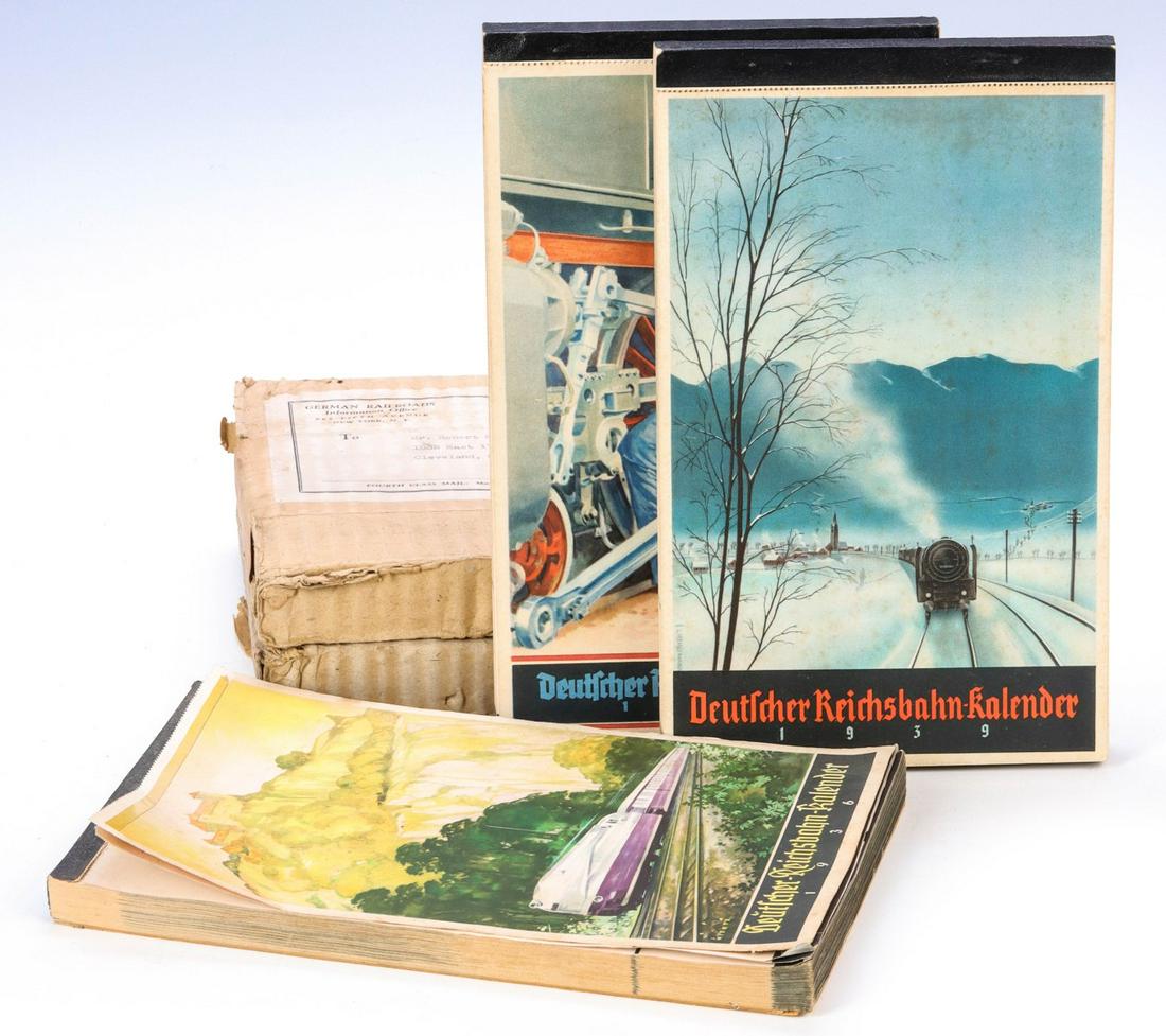 GERMAN STATE RAILWAYS CALENDARS 1936, 1938, 1939: Deutscher Reichsbahn-Kalender 1936, 1938 and 1939, plus two others of unknown date in their original mailer. All German railroading content during the era of the 'Third Reich.' Measure 10.25 inches. W